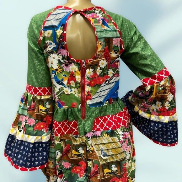 Cute Hobo Styled Maxi Dress Bird & Multi Print Cotton Long Ruffled Dress Women - Picture 8 of 8